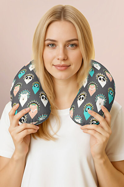 Evimde Bambaşka Pernă ergonomică pentru gât cu figurine drăguțe de animale - Pernă de călătorie pentru adulți cu model tribal gri turcoaz