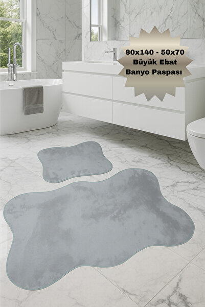 Bestekar Lina Gri 80x140 - 50x70 Водостійкий килимок для ванної кімнати з м'якою поверхнею та шкіряною основою, що не залишає слідів