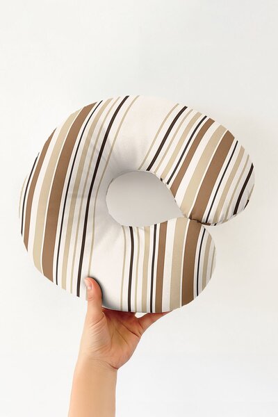 Evimde Bambaşka Cream Brown Striped Neck Pillow - Modern Stripe Pattern Beige...