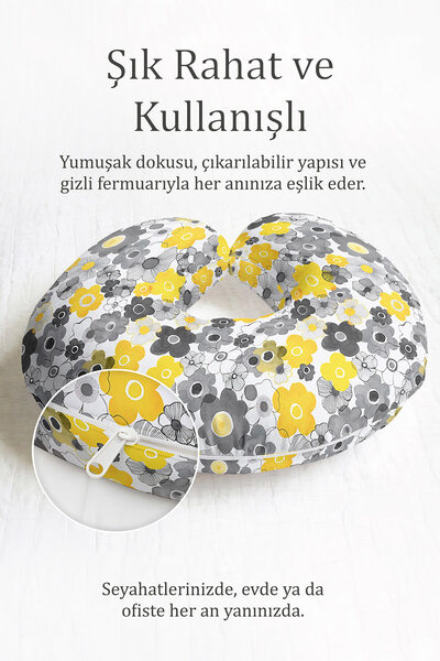 Evimde Bambaşka Žuto-sivi ergonomski jastuk za vrat sa cvetnim uzorkom - Mode...