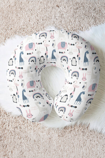 Evimde Bambaşka Animal Figured Cotton Neck Pillow - Cute Pink Grey Kids & Adu...