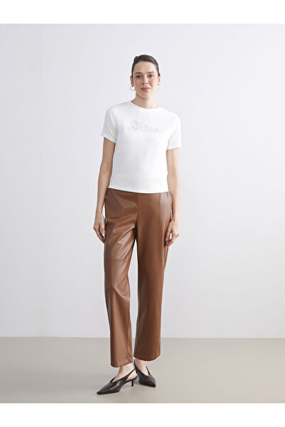 LC Waikiki Brown Elastic Waist Women's Leather-Look Pants from Plus-Store