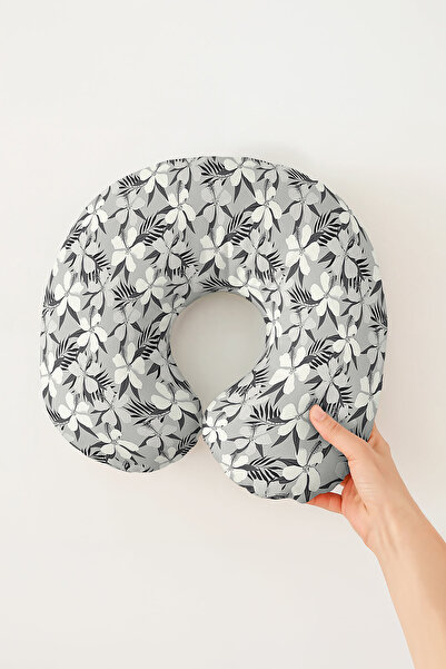 Evimde Bambaşka Floral Pattern Cotton Neck Pillow - Modern Grey Black Soft Tr...