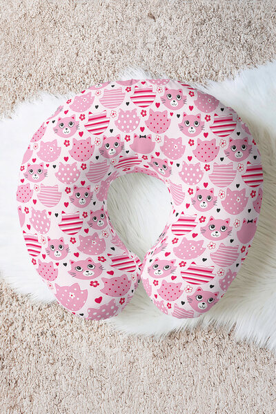 Evimde Bambaşka Kedi Figürlü Pamuklu Boyun Yastığı - Sevimli Pembe Çizgili Ço...