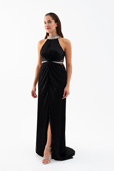 Lafaba Women's Black Halter Neck Stone Long Evening Dress