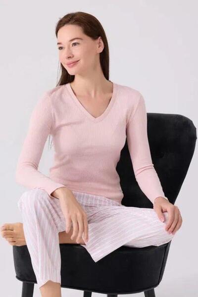 Arnetta Women's V-Neck Knitted Pink Long Sleeve Pajama Set