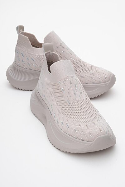 CCWAY AYAKKABI حذاء رياضي نسائي تريكو مرصع بالحجر باللون البيج