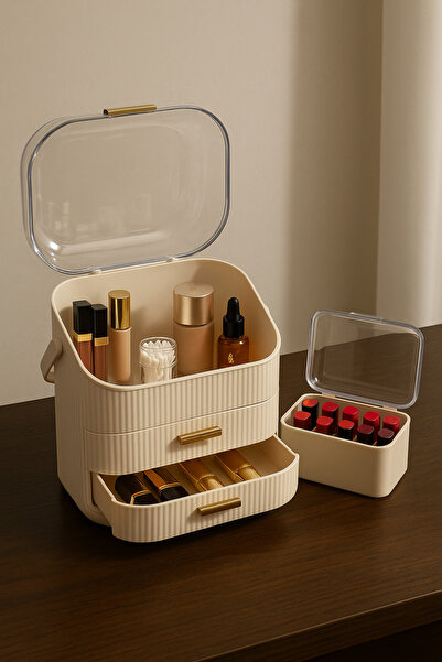 MAKRİ HOME Krem Makyaj Organizeri (26 x 14 x 34 cm) ve Oje&Ruj Organizeri (15 x 10 x 12 cm) Seti