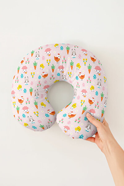 Evimde Bambaşka Cute Animals Patterned Cotton Neck Pillow - Pastel Pink Color...
