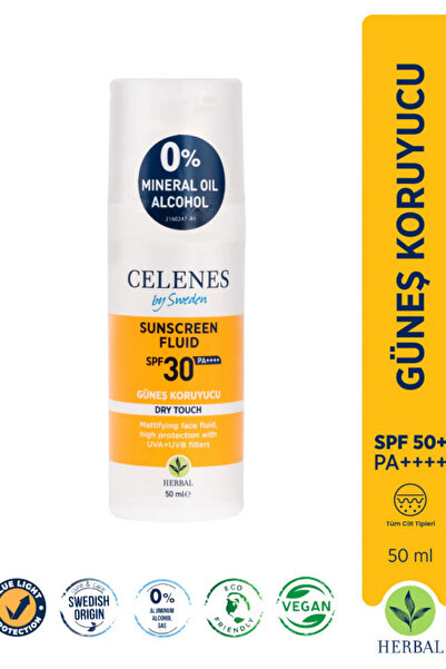 Celenes by Sweden Herbal SPF30 Fluid Dry Touch Güneş Kremi – Mat Bitişli, Bitkisel Formül, Yüz ve De