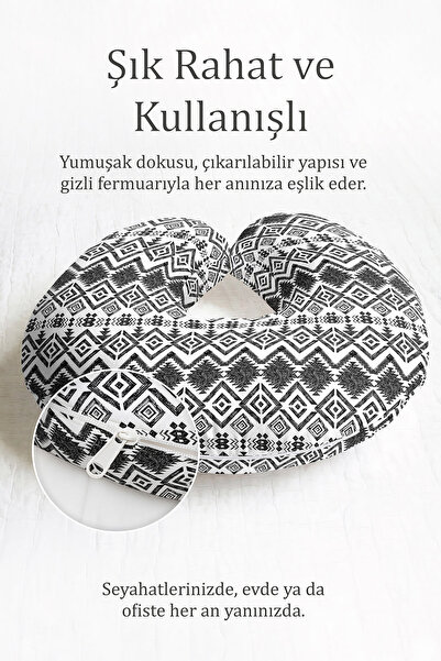 Evimde Bambaşka Etnički dezen Pamuk Jastuk za vrat - Moderni geometrijski crn...