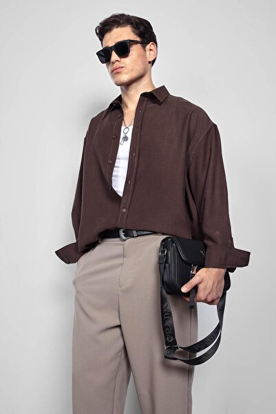 ablukaonline Ανδρικό μακρυμάνικο πουκάμισο μεγάλου μεγέθους καφέ