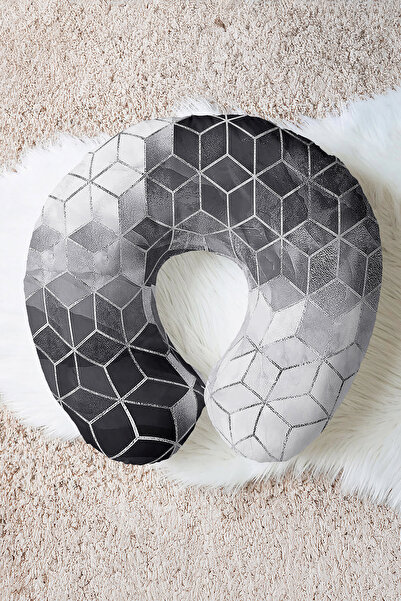 Evimde Bambaşka Geometric Pattern Ergonomic Neck Pillow - Modern Black Gray S...