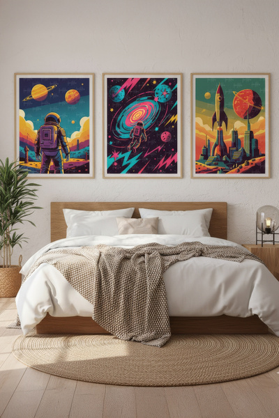 Tontilika Astronot ve Roket 3’lü Uzay Temalı Ahşap Çerçeveli Tablo Seti - Genç Odası Dekoru