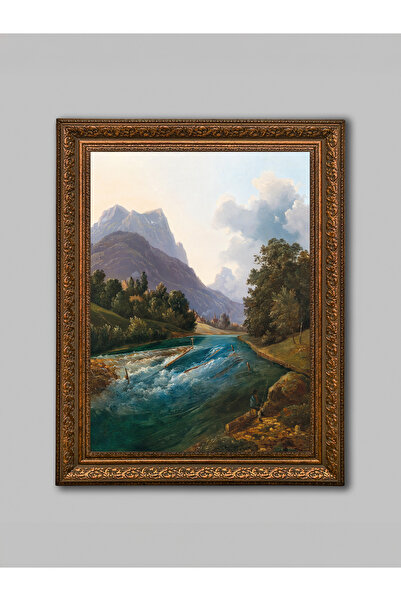 WoodyArts Tablou peisaj fluvial în gura munților – cadru antic maro