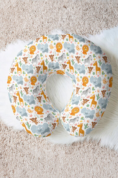Evimde Bambaşka Cute Safari Animals Cotton Neck Pillow - Colorful Orange Grey...