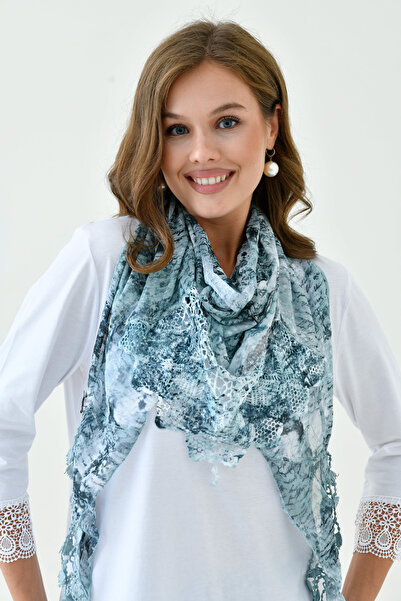 loia Women's Green Patterned Lace Detailed Shawl Lightweight Fabric Elegant A...