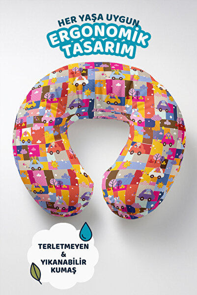 Evimde Bambaşka Sevimli Hayvanlı Arabalar Desenli Boyun Yastığı - Renkli Pembe Sarı Çocuk & Yetişkin Seyahat Yastığı