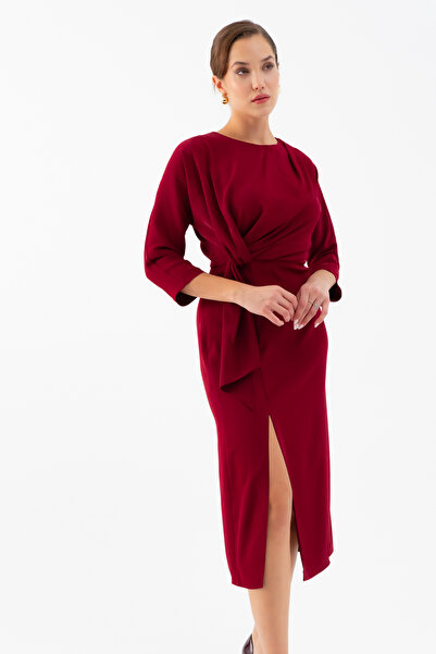 Lafaba Kadın Bordo Yırtmaçlı Midi Saten Davet Elbisesi