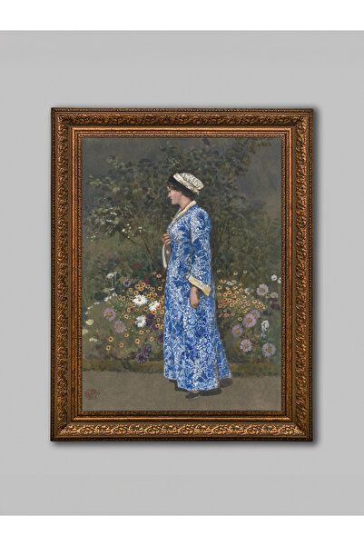 WoodyArts Tablou de femeie între flori în grădină – cadru antic maro