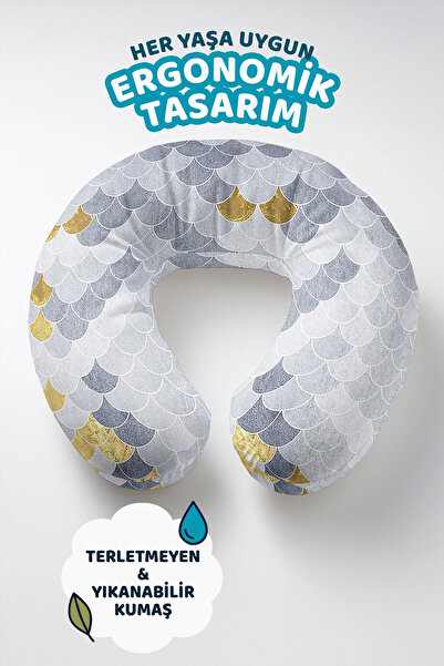 Evimde Bambaşka Fish Scale Pattern Ergonomic Neck Pillow - Modern Gold Gray S...