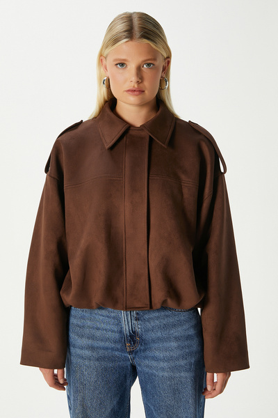 Ritnice Kadın Rodney Süet Etkili Kahverengi Bomber Ceket