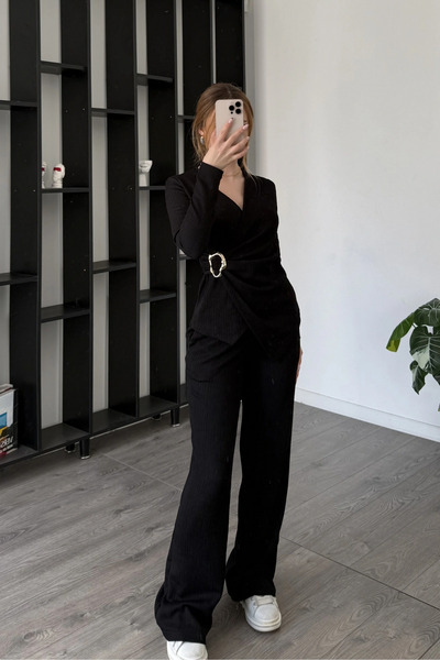 Joi Buckle Detailed Double Breasted Collar Blouse and Pants Two-Piece Set