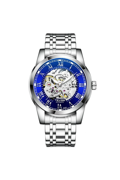 Tevise Ceas bărbătesc mecanic automat, argintiu, analogic, cu afișaj dată, oțel