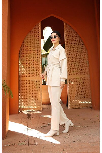 QUAWEAR Πλεκτό υφασμάτινο σετ δύο τεμαχίων με πλεκτό γιακά πουκάμισου, επάνω τσέπη, κορδόνι με κουμπιά και παντελόνι