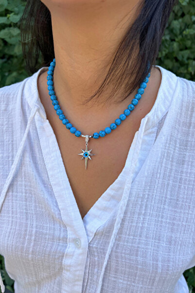 Suerte Accessories Turquoise Natural Stone Handcrafted Special Design Women's Natural Stone Necklace with Steel North Star Eye Evil Eye Detail