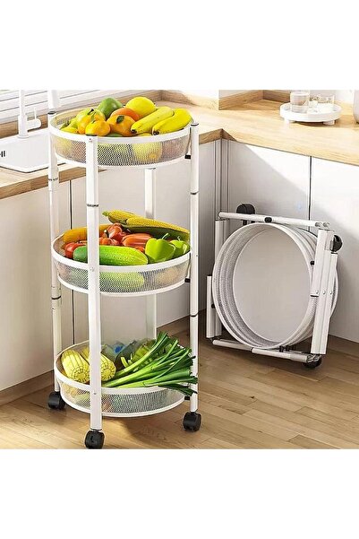 Un عربة تخزين متعددة الطبقات قابلة للطي بعجلات للمطبخ والخضروات والفواكه ابيض