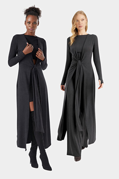 By Yaren Yazıcı Kadın Siyah İthal Yün Viskon Yırtmaçlı Bağlamalı Hırka Gündüz & Gece & Ofis Şıklığı