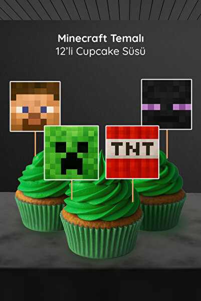 Hey Parti Minecraft Temalı 12’li Cupcake Süsü (Creeper, Steve, TNT, Enderman ...