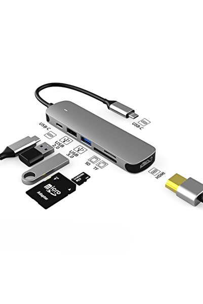 GEAKISO Stație de andocare 6 în 1, Hub, Adaptor, 1x USB 2, 1x USB 3, 1x USB C, HDMI, Card SD/TF, Argintiu