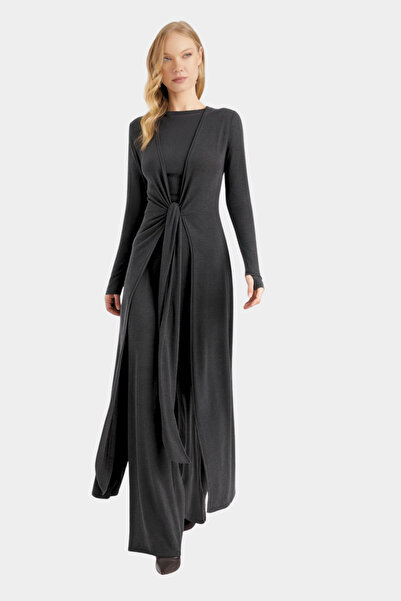 By Yaren Yazıcı Kadın Siyah İthal Yün Viskon Yırtmaçlı Bağlamalı Hırka Gündüz & Gece & Ofis Şıklığı