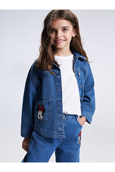 LC Waikiki Lcw Kids Indigo Denim Printed Loose & Baggy Girls' Jean Jacket wit...