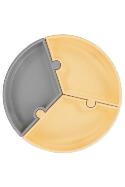 OiOi Puzzle Vakum Tabanlı Silikon Tabak Mellow Yellow / Powder Grey