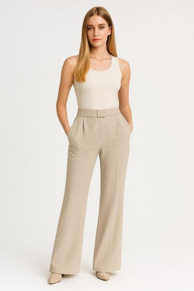 enmodaiçgiyim PRET PROMOȚIONAL Pantaloni Palazzo cu talie înaltă, cu închidere cu velcro, din lycra, pentru femei, culoare piatră