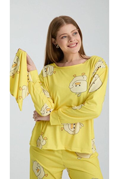 SWARO Sarı pijama takımı 3parca bere uzun kol soft fnn