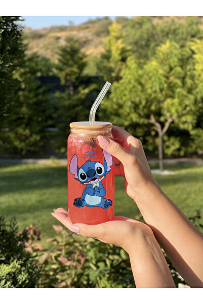 REMİ DESİGN Stitch Desenli Bambu Kapaklı, Pipetli Cam Soğuk Kahve Bardağı