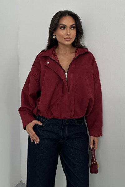 spirituel معطف نسائي قصير كبير الحجم من جلد الغزال بسحاب وياقة قميص وكتف منخفض