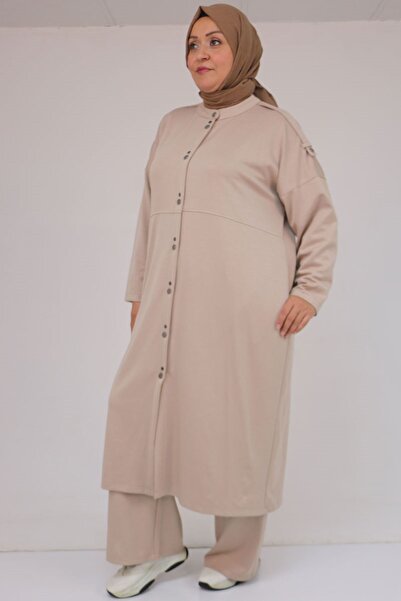 Eslina 57035 Plus Size Modal Suit with Shoulder Epaulettes and Snap Detail - Beige