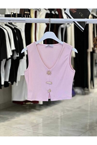 divora V Yaka Güneş Serisi Sıfır Kol Likralı Bluz Baby Pink