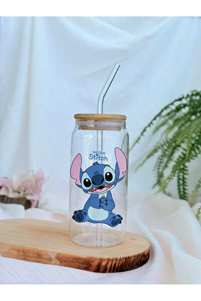 REMİ DESİGN Stitch Desenli Bambu Kapaklı, Pipetli Cam Soğuk Kahve Bardağı
