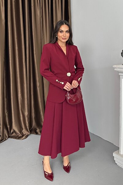 spirituel Women's Two-Piece Suit Stylish Button Detail Stand Collar Blazer Jacket Long Skirt Set