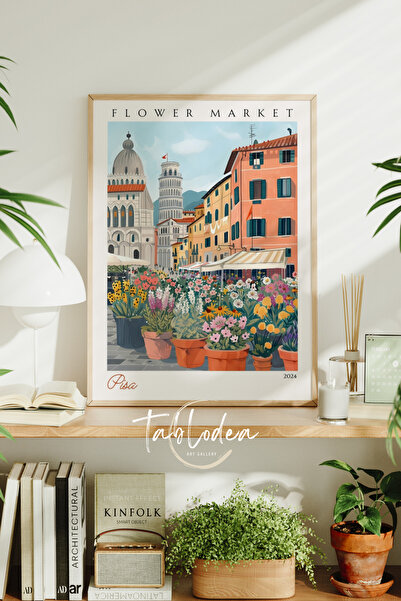 tablodea Flower Market Pisa Kulesi Modern Çerçeveli Poster Tablo TD Dekoratif Minimalist İtalya Duvar Tablosu