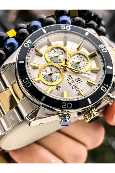 Reward Erkek Kol Saati, Sertifikalı ,Garantili, Sarı Gümüş Çelik Kordon, Takv...