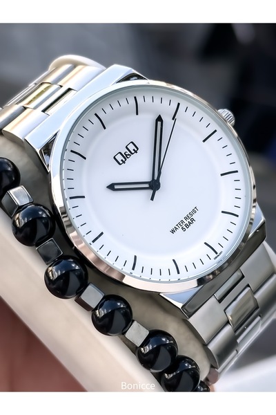 Q&Q Men's Wristwatch, Silver Steel Band, 5 Atm Water Resistant, Simple Model with Bracelet Gift