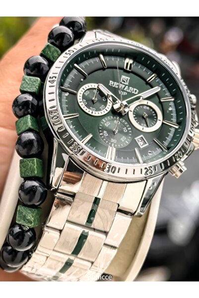 Reward Functions Active Men's Wristwatch,Certified ,Green Silver Steel Band,With Calendar, Bracelet