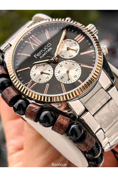 Ferrucci Men's Wristwatch, with Calendar, Functions Active, Silver Steel Band, with Bracelet Gift